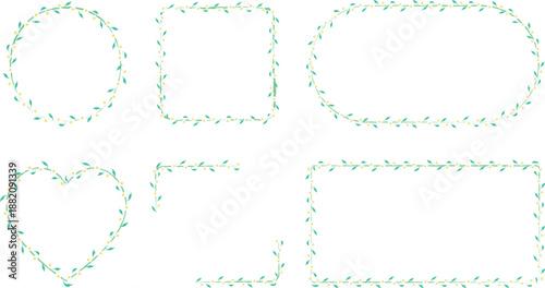 丸い花びらのシンプルな白い花が散りばめられたつる状のラフなフレームセット