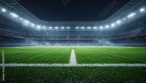 Professional football stadium with green field, night lighting, and championship sports arena atmosphere