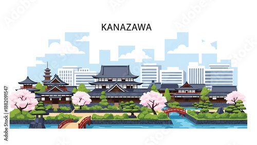 Kanazawa cityscape vector illustration blending cultural atmosphere with generic urban buildings, canals, and greenery in flat solid colors for travel and heritage-inspired designs