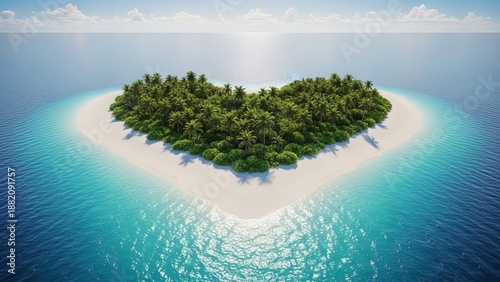 Aerial view of a heart-shaped island with lush greenery surrounded by turquoise waters and sandy beaches