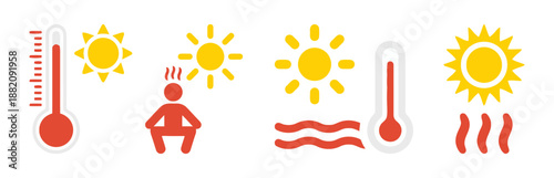 Heatwave concept with thermometer sun hot weather and heat stroke person with sun rays hot surface with steam summer season global warming vector illustration