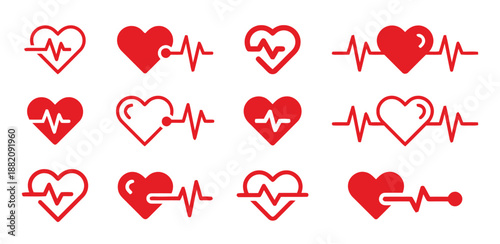 Heartbeat Icons Set Red Medical Cardiogram Health Care Signal Love Pulse Symbol Vector Illustration Isolated on White Background