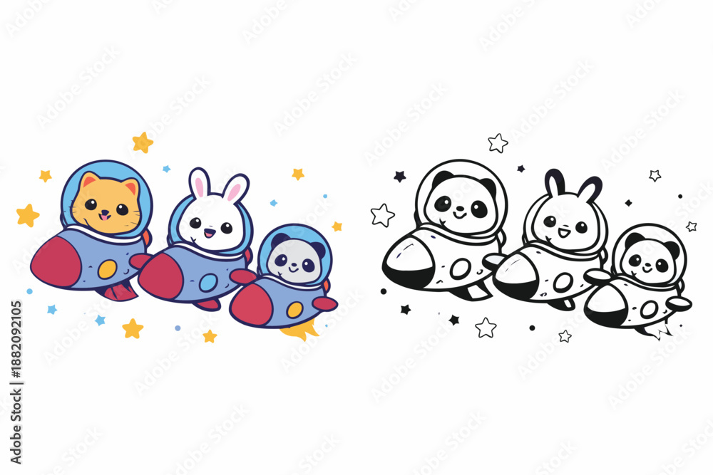 Fototapeta premium Kawaii animal astronaut characters in rockets coloring set