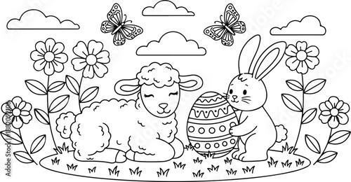 Easter friends lamb and bunny celebrate springtime with easter egg