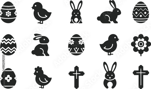 Easter symbols and icons eggs bunnies chicks and crosses
