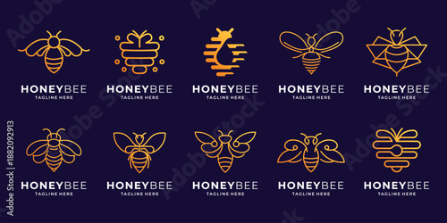 collection of bee line logo. inspiration honey bee with line style and golden color branding.
