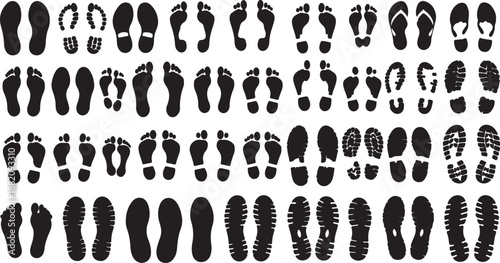 Human Footprint and Shoe Print Silhouette Set. Bare Feet, Boot, Sneaker, and Sandal Sole Vector Symbols.