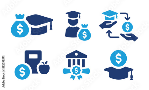 Icon set of education saving and investment concept with money bag graduation cap school supplies and fund exchange isolated on white background