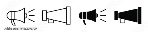 Line art and solid fill images of megaphone representing loudspeaker for announcement and public address system with communication tool to broadcast voice vector