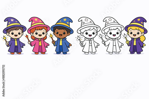 Cute kawaii little wizard characters with magic wands set