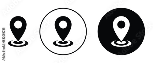 Location pinpoint icon collection representing navigation and finding geographical position or destination with map pointer marking exact spot on map indicating route guidance