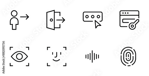 Login Security System Icons Set with User Profile Logout Password Protected Website Eye Scan Face Recognition Voice Print Fingerprint Access Sign