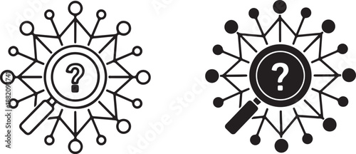 Network Search and Problem Solving Icon. Magnifying Glass with Question Mark and Connection Nodes.
