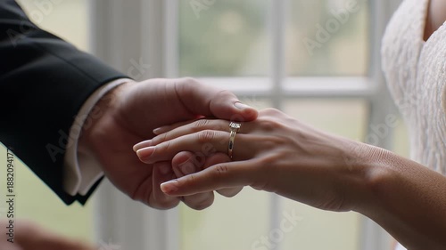 Close up of a groom gently placing a wedding ring on a bride's finger in soft window light, capturing a romantic moment of marriage commitment.