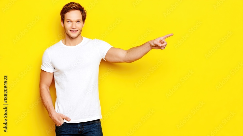 Naklejka premium full-body photograph of a happy man wearing a white blank t-shirt, pointing at his shirt against a yellow background. 