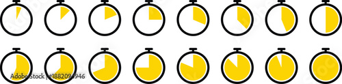 Collection of yellow timer and stopwatch icons representing time elapsed or remaining intervals for sports and task management.