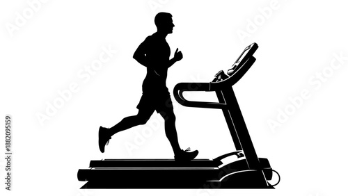 Athletic man running on a treadmill for cardio exercise and fitness training in bright studio.