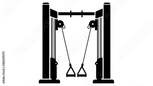 Silhouette icon of a cable gym machine or multi-station, used for diverse strength training, on isolated white background.