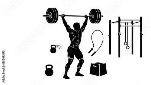 Collection of weightlifting and gym equipment silhouettes, featuring a man lifting barbell and kettlebells, on isolated white background.
