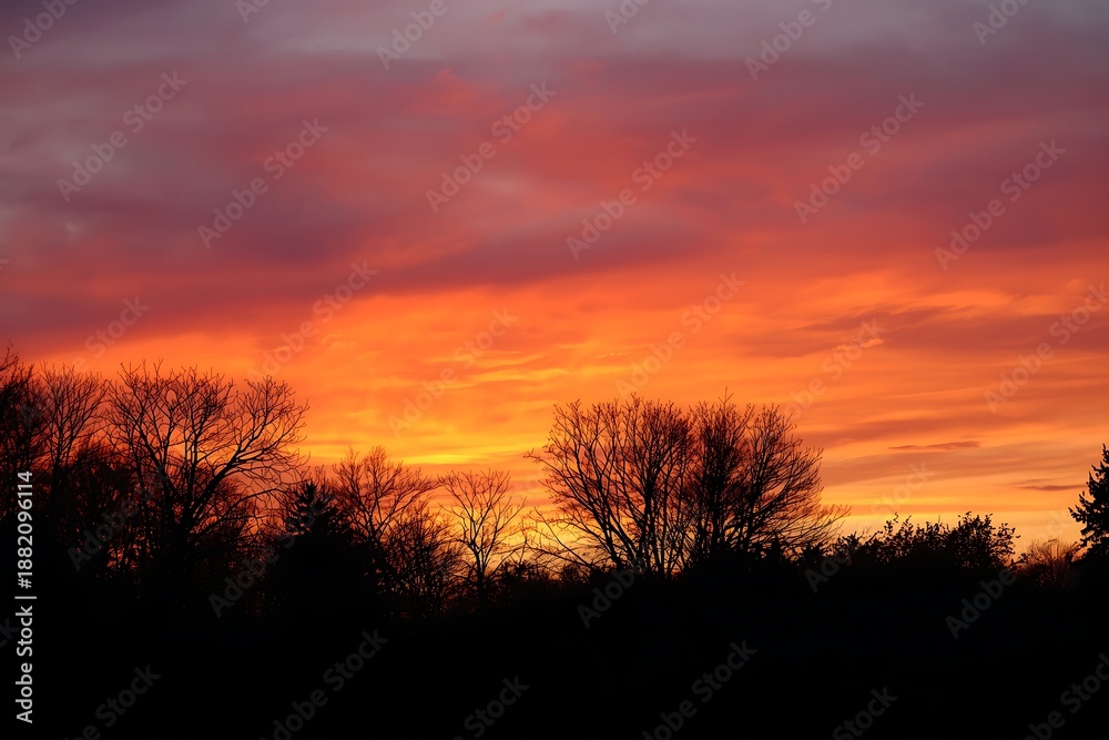 Obraz premium Generative AI Vibrant Sunset Over Silhouetted Tree Line with Dramatic Cloudscape