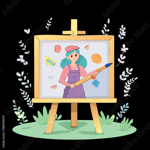 female artist working on easel with painting for creative fine art studio and artistic workshop session