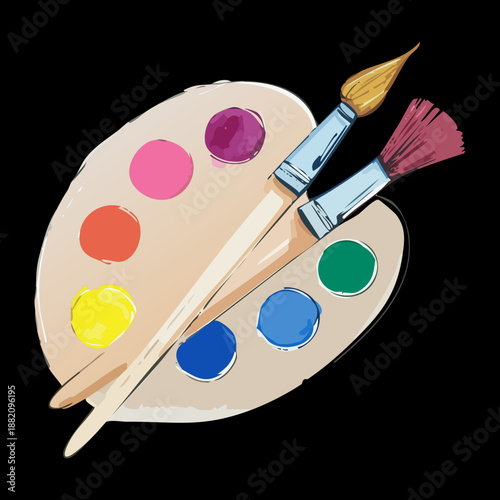 wooden palette with colorful paint and two brushes for creative artistic expression and fine art hobby