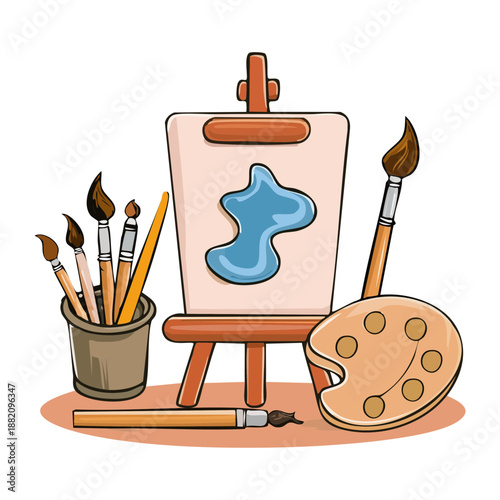 professional artist easel with canvas paint palette and brushes for fine art studio and creative hobby