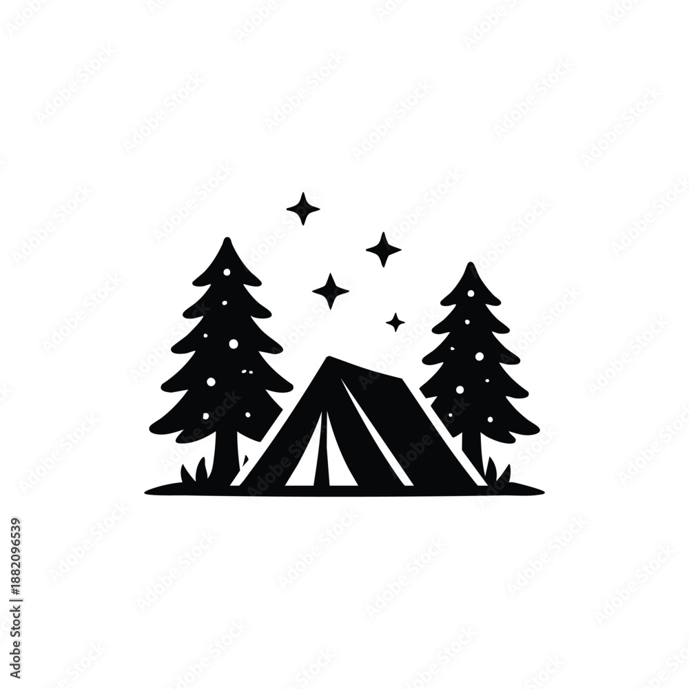 Obraz premium Night camping landscape with tent pine trees and stars black and white vector illustration
