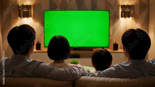 Back view of a family sitting on a sofa watching a green screen TV in a cozy living room with warm lighting, designed for chroma key replacement.