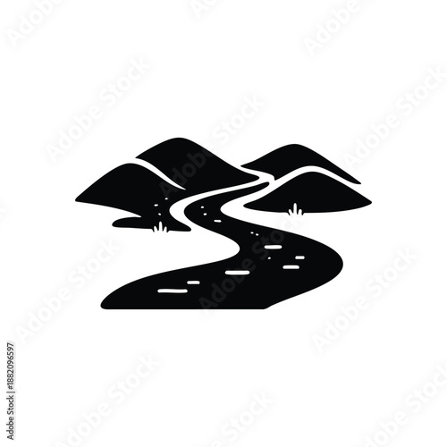 Black and white mountain landscape with winding road minimalist vector illustration
