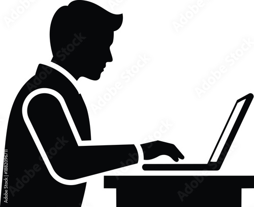 Silhouette of businessman working on laptop computer at desk, modern office workspace, black and white vector illustration