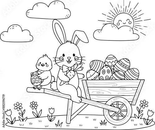 Easter sunday celebration with wheelbarrow full of flowers on a sunny day