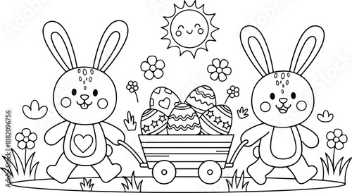 Easter sunday celebration with happy rabbits and easter eggs