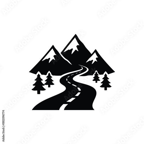 Mountain road landscape black and white vector illustration with pine trees and snow peaks