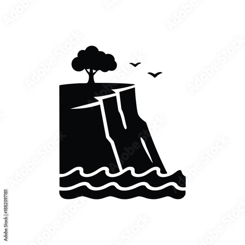 Cliff landscape with tree and sea waves black and white vector illustration