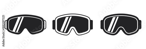 Skiing glasses icon set, winter sport eyewear, protective snow goggles, cold weather gear, clean minimal vector style for outdoor adventure