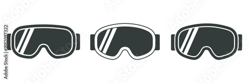 Skiing glasses icon collection, snow goggles eyewear, winter sport protection, cold weather gear, clean vector style for outdoor adventure activities