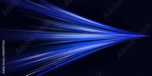Dynamic blue light trails represent data transfer, and high-speed internet connection technology. Abstract motion background for network and digital communication.