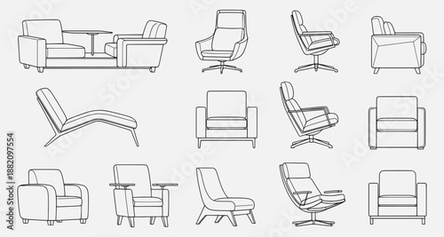 Collection of minimalist line art furniture illustrations showcasing various chairs and sofas in a simple, modern design aesthetic