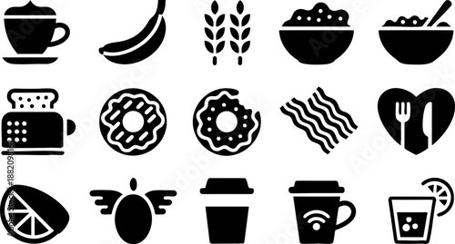 Breakfast Icon Set with Coffee, Donuts, Bacon, Cereal, Fruits, and Kitchenware in Monochrome Style