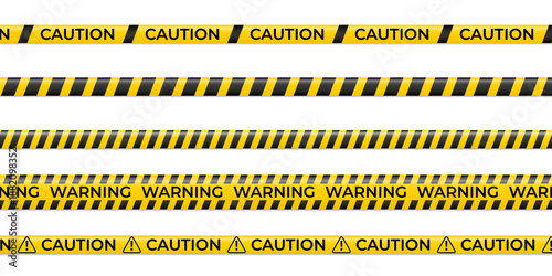3D yellow warning tape with black hazard stripes isolated on transparent background, featuring realistic caution ribbon texture ideal for construction zones, danger markings, restricted areas and secu