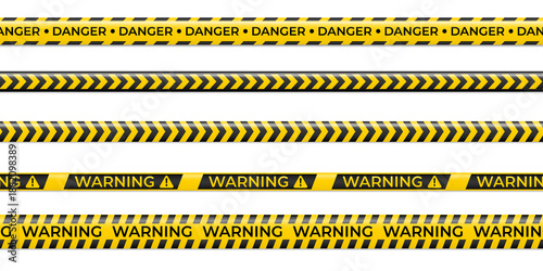 3D yellow warning tape with black hazard stripes isolated on transparent background, featuring realistic caution ribbon texture ideal for construction zones, danger markings, restricted areas and secu