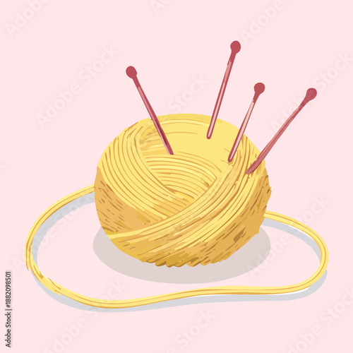 yellow yarn ball with pink knitting needles for handmade textile craft and creative hobby design project