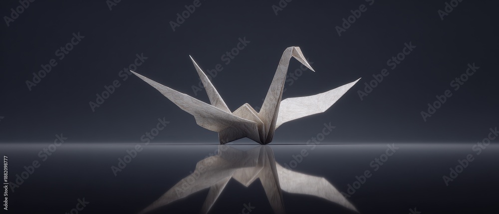 Fototapeta premium Exquisitely Crafted Minimalist Origami Crane Resting on Reflective Surface with Dark Background