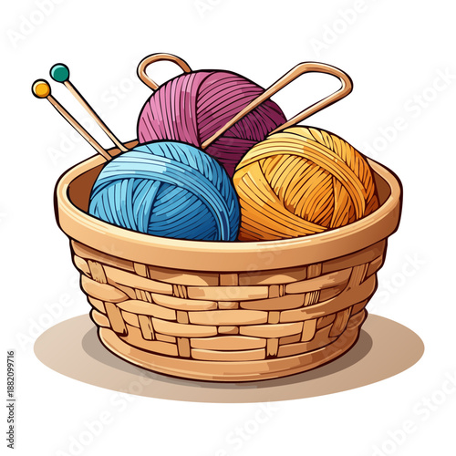 wooden basket with blue and yellow yarn balls for handmade textile craft and creative hobby theme