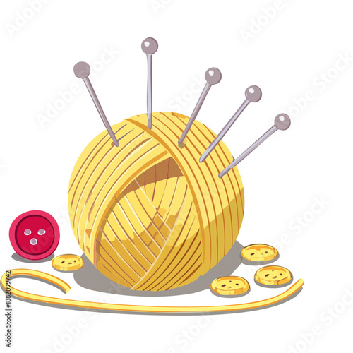 yellow yarn ball with knitting needles and button for handmade craft and textile art hobby project