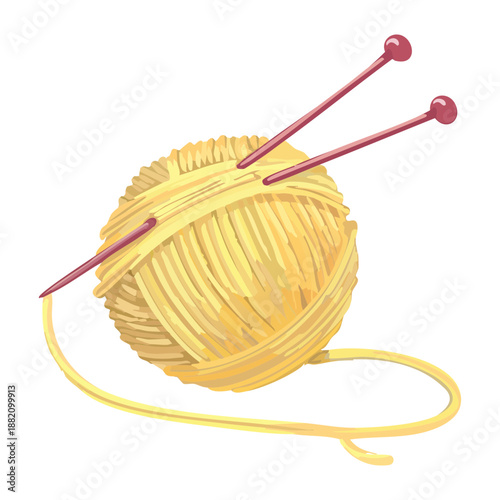 bright yellow yarn ball with knitting needles for creative hobby and handmade textile craft decoration