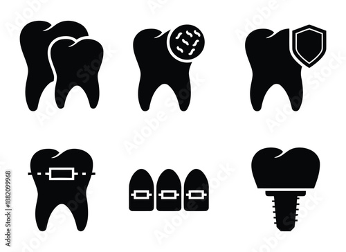 Set of Black and White Dentist Icons such as Braces, Veneers, Clean Teeth with Shield, Implant Dentistry and more for Dental Website Exactly Two Hundred Letters