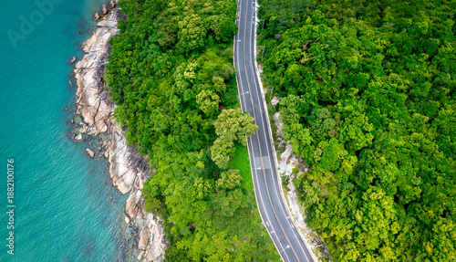 Bild auf Leinwand Aerial view of road between coconut palm tree and great ocean at daytime in Nakh