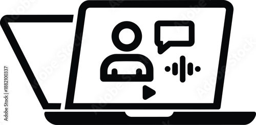 Laptop with video call on screen, online communication icon, remote meeting symbol